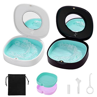 Doboli 2 Pack Retainer Case with Vent Holes, stocking stuffers for gift women men,Compatible with Invisalign,Night Guards,and Mouth Guards Case - Includes Storage Bag,Slim Aligner Remover Tool - color: Black White