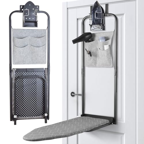 Seiritex Over the Door Ironing Board 14x42 inches with Iron Holder and Pocket Storage Bag, Hanging Iron Board for Home Laundry Room, Black - size: 14x42 inches