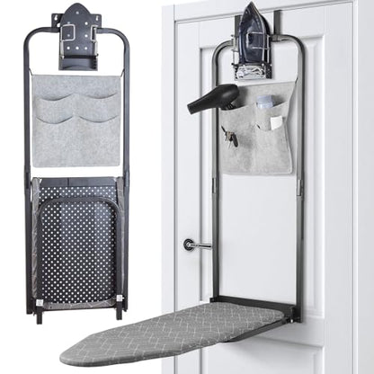 Seiritex Over the Door Ironing Board 14x42 inches with Iron Holder and Pocket Storage Bag, Hanging Iron Board for Home Laundry Room, Black - size: 14x42 inches