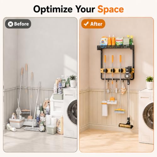 Small Broom Holder Wall Mount with Shelf, 3 Grippers and 3 Hooks - size: Small