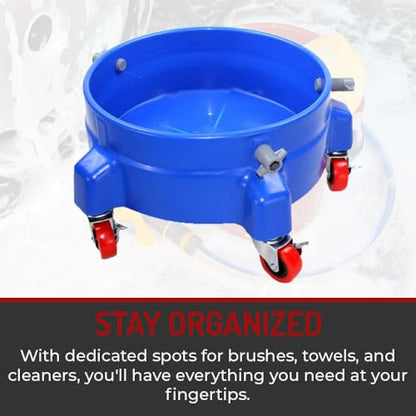 Heavy Duty Car Wash Bucket Dolly with 360° Swivel Casters | Fits 3.5–7 Gallon Buckets | 300 lb Capacity | Soap Holder | Rolling Pail Stand for Auto Detailing |Blue - color: Blue