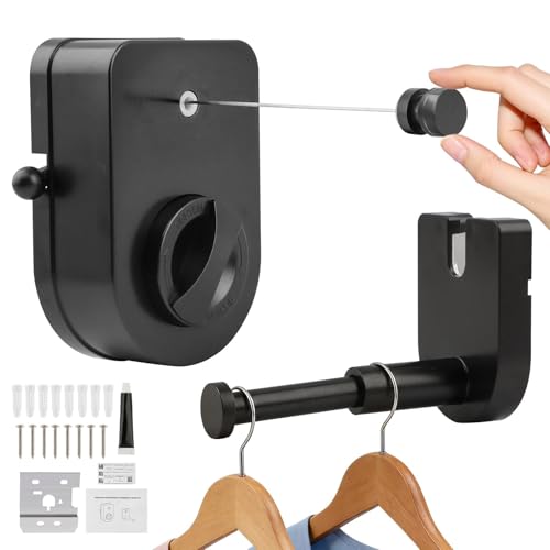 Wall Mount Retractable Clothesline, Indoor 13.7FT Heavy Duty Non‑Sagging Laundry Line with Telescopic Hanging Rod, Space Saving for Apartment Balcony RV, Indoor & Outdoor Drying