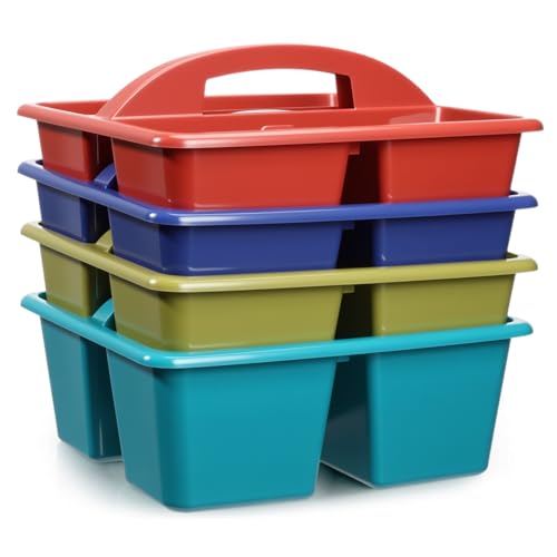 Kathfly 4 Pack Classroom Caddy Organizer with Handle, Plastic Art Craft Cleaning Caddy Bulk, Small Multipurpose Supply Organization Storage Basket for Table Desk Office Pencil Teacher (Deep Color) - color: Deep Color