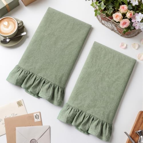 HunnmingRe 2 Pcs Sage Green Kitchen Towels Retro Towels Cotton Ruffled - color: Sage Green, style: Retro