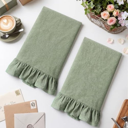 HunnmingRe 2 Pcs Sage Green Kitchen Towels Retro Towels Cotton Ruffled - color: Sage Green, style: Retro