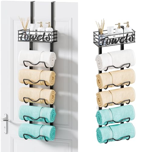 HapiRm Over The Door Towel Rack - 6 Tier Wall Mount Rolled Towel Holder Storage Organizer Shelf with Storage Basket for Small Bathroom, Rv, Camper - Black - size: 6-Tier Wall Mounted