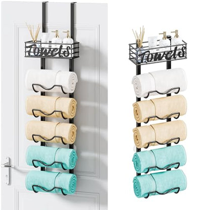 HapiRm Over The Door Towel Rack - 6 Tier Wall Mount Rolled Towel Holder Storage Organizer Shelf with Storage Basket for Small Bathroom, Rv, Camper - Black - size: 6-Tier Wall Mounted