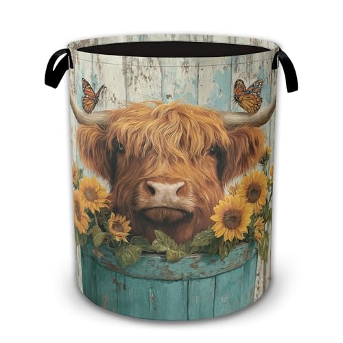 Laundry Hamper Foldable with Handles,Highland Cow Oxford Cloth Laundry Basket,Sunflower Butterfly Storage Organizer for Bathroom Bedroom Dorm 16"x20.8" - color: Highland Cow,Sunflower Butterfly,Blue Wooden