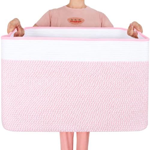 MINTWOOD Design 112L Extra Large Blanket Basket Holder Living Room, 25"x17"x16" Rectangle Rope Woven Storage Basket with Handles for Laundry, Towels, Shoes, Dog Toy Organizer Bin Box, Light Pink - color: Light Pink
