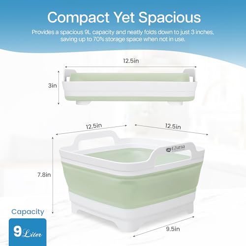 EZuraa 2.4gal(9L) Green Collapsible Dish Basin, Portable Sink or Dish Pan for Kitchen Sink with Drain Plug/Strainer, Space Saving Baby Bottle Wash Basin Collapsible Bucket, Beverage Tub for Camping - color: Green