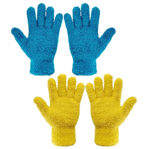 2 Pcs Blue Reusable Microfiber Cleaning Gloves - color: Yellow