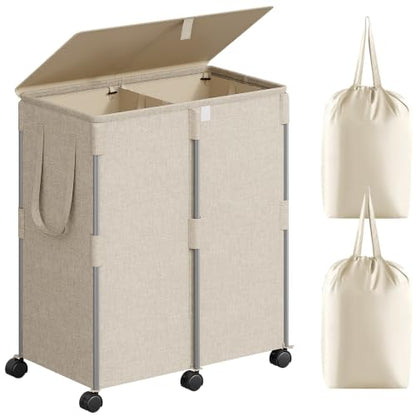 140L Double Laundry Hamper with Lid and 6 Wheels, Rolling Laundry Basket - color: Beige, size: 140l(24.8"l X 14.2"w X 26"h)
