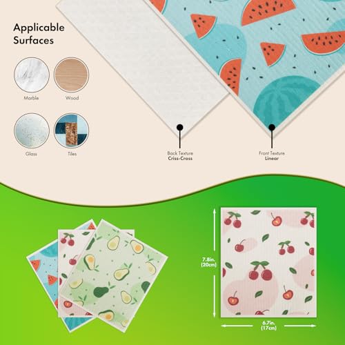 Swedish Dishcloths for Kitchen, 6 Pack Fruit Swedish Dish Towels with Clips, Reusable Paper Towels Washable Non-Scratch Super Absorbent Cellulose Sponge Cloths, Biodegradable No Odor - color: Fruit