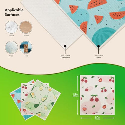 Swedish Dishcloths for Kitchen, 6 Pack Fruit Swedish Dish Towels with Clips, Reusable Paper Towels Washable Non-Scratch Super Absorbent Cellulose Sponge Cloths, Biodegradable No Odor - color: Fruit