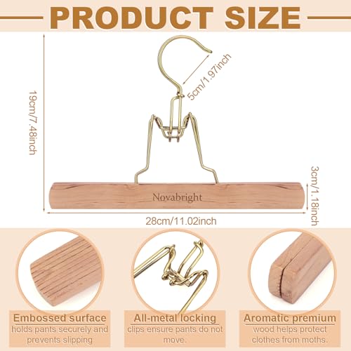 Novabright 4 Pcs Cedar Pant Hangers with Brass Plated Metal Locking Non Slip Notches Wrinkle Space Saving Cedar Wood Trousers Hangers for Skirts Jeans Suits Clothes Storage Space Saving (Wood)