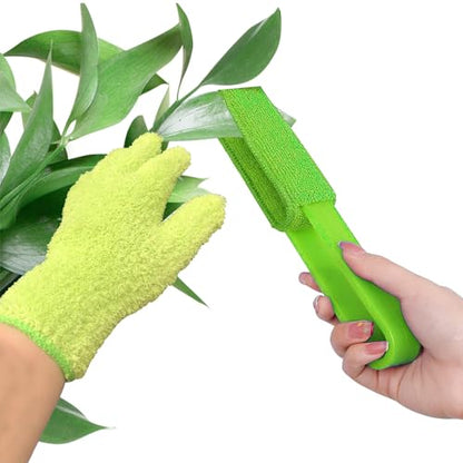 Leaf Cleaning Tongs with 2 Removable Sleeves and 1 Dusting Glove, Washable Reusable Microfiber Sleeves and Gloves Plants Cleaning Set for House Plants, Window Blind (Green)