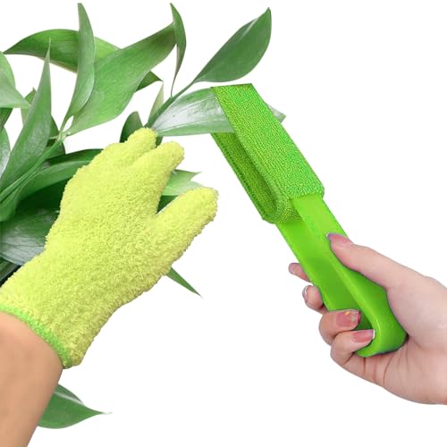 Leaf Cleaning Tongs with 2 Removable Sleeves and 1 Dusting Glove, Washable Reusable Microfiber Sleeves and Gloves Plants Cleaning Set for House Plants, Window Blind (Green)
