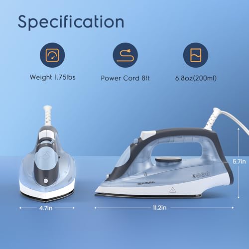 BEAUTURAL Compact Steam Iron for Clothes with Non-Stick Soleplate, Blue