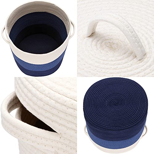 Sea Team Large Woven Cotton Rope Laundry Basket with Lid, 20 x 16 in - color: White & Navy Blue