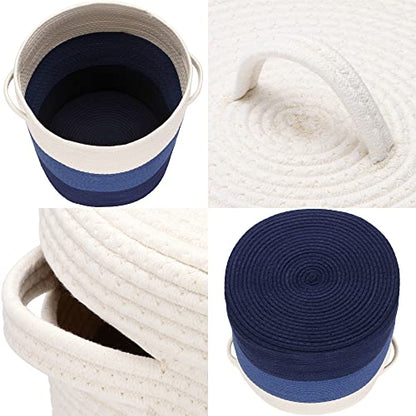 Sea Team Large Woven Cotton Rope Laundry Basket with Lid, 20 x 16 in - color: White & Navy Blue
