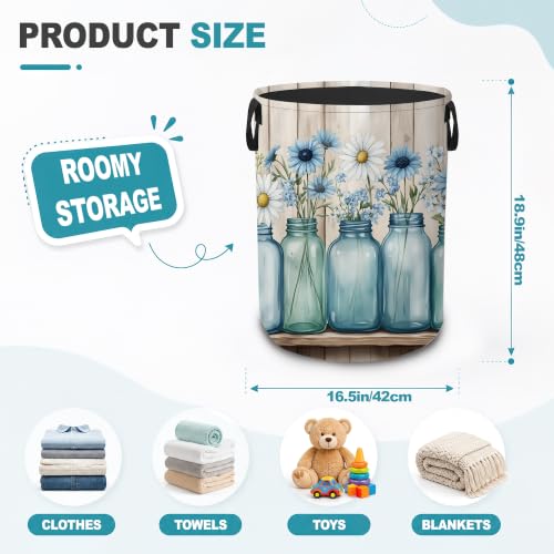Laundry Basket,Blue Mason Jars Foldable Clothes Hamper with Handles,Daisy Flowers Waterproof Oxford Cloth Storage Organizer for Bedroom Bathroom College Dorm,16" x 20" - color: Blue Mason Jars,Daisy Flowers