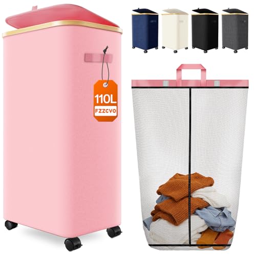Laundry Basket with Wheels, 110L Large Rolling Laundry Hamper for Dorm - color: Pink, size: 110L