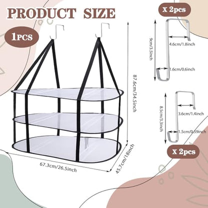 3-Tier Sweater Drying Rack Over The Door, Foldable Mesh Hanging Dryer Flat with Hooks, Large Breathable Laundry Drying Hanger, Clothes Lay Flat Dryer for Apartments Dorms Bathrooms