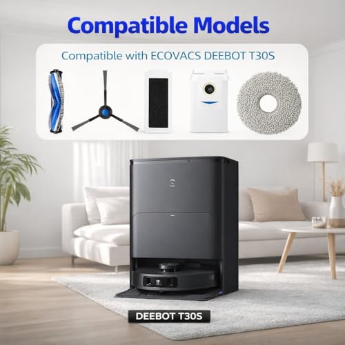 Replacement Parts Accessories Kit Compatible with ECOVACS DEEBOT T30S/ T30S Pro Robot Vacuum Cleaner 1 Roller Brush,6 Side Brushes,4 Hepa Filters,4 Mop Pad,6 Dust Bags