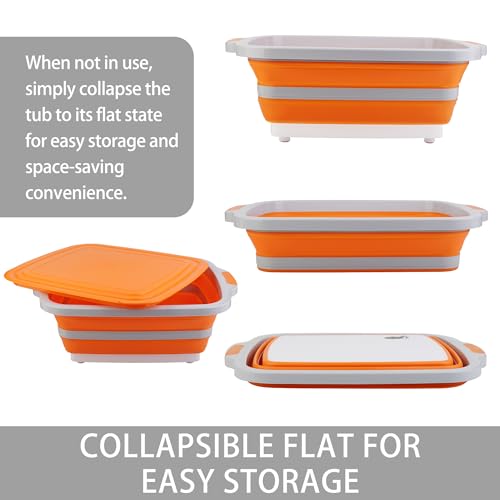 Tiawudi Large Collapsible BBQ Prep Tub with Lid(4.22 Gal/16L), Foldable Camping Sink with Colander, Cutting Board, Dish Basin for Kitchen, Bowl, Vegetable and Fruit, Storage Basket for Picnic - color: Orange, size: 20"L x 16.3"W