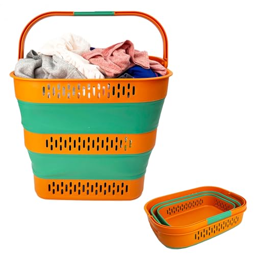 SAMMART 38L(10 Gal) Collapsible Laundry Basket - Foldable Pop-Up Storage Container/Organizer-Portable Space Saving Hamper, Measure 17.5x13.3x15.7"/3.8" Expanded/Collapsed (1, Autumn Leaf/Forest Green) - color: Autumn Leaf/Forest Green