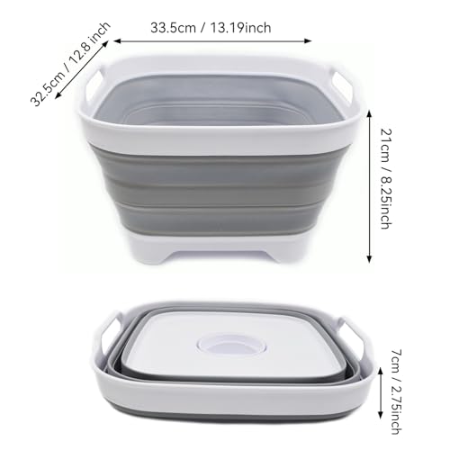 SAMMART 10L (2.64 gallon) Collapsible Dishpan with Draining Plug - Foldable Washing Basin - Portable Dish Washing Tub - Space Saving Kitchen Storage Tray (1, White/Grey) - color: White/Grey
