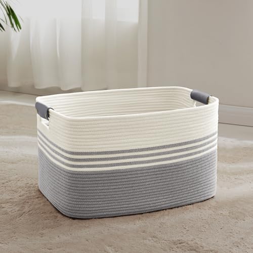 60L Woven Laundry Basket Hamper with Leather Handles,Grey - color: Grey, size: 60L