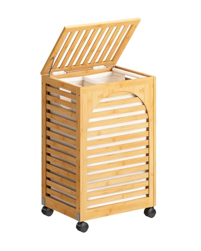 Laundry Hamper with Wheels, Laundry Basket with Lid, 22.5Gallon (85L) Bamboo Wood Clothes Laundry Hamper 2 Section with Handles, Removable Liner - color: Natural, size: Medium