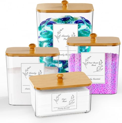 COAZEX 4 Pack Clear Laundry Pods Container & Dryer Sheet Holder,Bamboo Lids - color: Bamboo-Square-White Labels