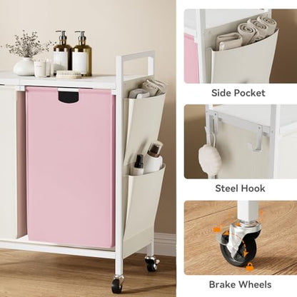 WOWLIVE Double Laundry Hamper with Wheels, Rolling Laundry Basket Organizer - color: White and Pink, size: 110l (30.0 x 13 x 32 Inches)