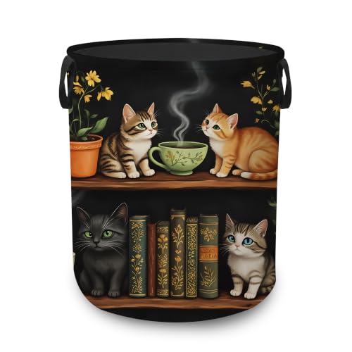 Laundry Basket,Cat Bookshelf Foldable Clothes Hamper with Handles,Library Floral Plants Waterproof Oxford Cloth Storage Organizer for Bedroom Bathroom College Dorm,16" x 20" - color: Cat Bookshelf,Library Floral Plants