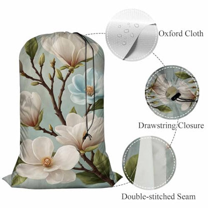 Swono White Flower Laundry Bags With Drawstring XL Travel Storage Bags 28"x40", Heavy Duty Multi Use, Green Leaf Buds Petal Botany Branch Blossom Washable Dirty Clothes Organizer, Easy Fits Laundry - color: White Flower