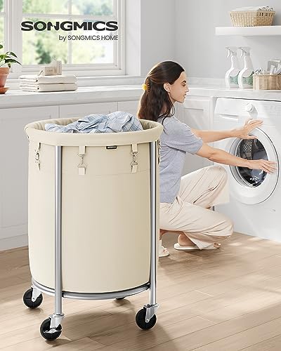 SONGMICS Laundry Basket with Wheels, 29 Gal., Steel Frame, Removable Bag - color: Cream White + Metallic Silver, size: 110 L (1-Section)
