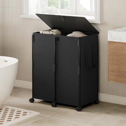 160L Double Laundry Hamper with Lid and 6 Wheels, Rolling Laundry Basket - color: Black, size: 160L(24.8"L x 14.2"W x 29.92"H)