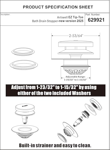 Artiwell Tub Drain, 2 in 1 Pop-up Bathtub Plug with Hair Catcher - color: Chrome Plated