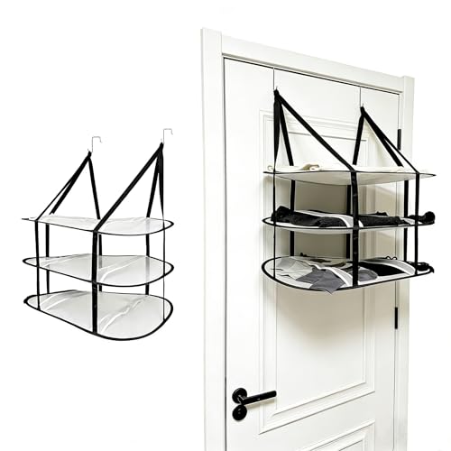 3-Tier Sweater Drying Rack Over The Doo, Upgrade Laundry Drying Hanger with Hooks Foldable Mesh Dryer Flat for Sweaters, Delicates, Underwear, Socks, Space-Saving for Laundry Room