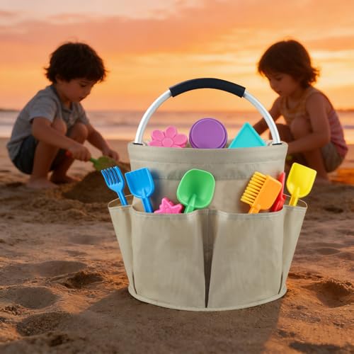 Foldable Cleaning Caddy with Handle and 6 Pockets, Khaki