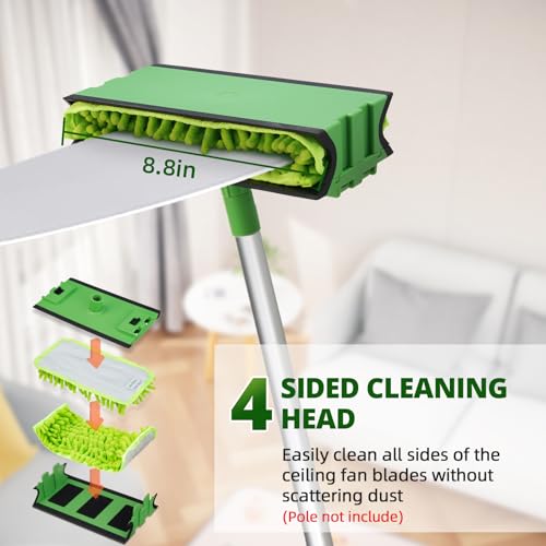 Ceiling Fan Cleaner Duster Replacement Head Compatible with Unger Telescopic Extension Pole Fan Blade Cleaning Tool Reusable Pads for Cleaning Ceiling Fan, Baseboard, Blind, Molding, Cobweb
