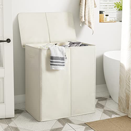 WOWLIVE 154L Double Laundry Hamper 2 Section with Lid and Removable Bags - color: Beige, size: 154l (24.8x 14.2 X 26.8 Inches)