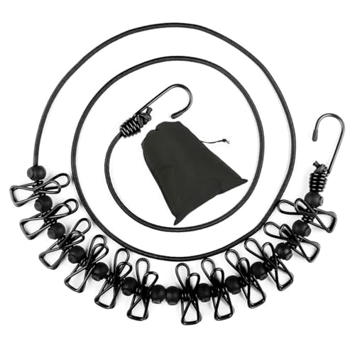 Retractable Clothesline with 12 Clips for Travel, Indoor & Outdoor Use（Black） - color: Black
