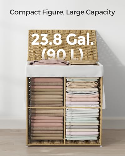 SONGMICS Laundry Hamper with Lid, 23.8 Gal (90 L) Synthetic Rattan,Foldable - color: Goose Yellow, size: 90 L