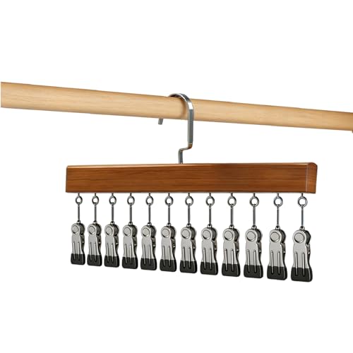 Closet Organizer with 12 Clips, Space Saving Hangers for Clothes, Hanging Closet Organizers and Storage, Wooden Socks Hats Pants Hangers with Clips, for Small Room Organization