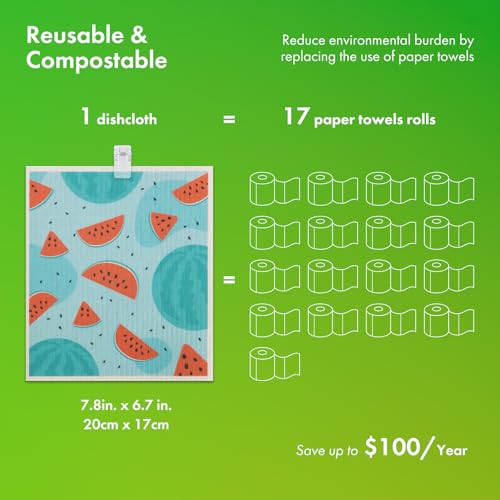 Swedish Dishcloths for Kitchen, 6 Pack Fruit Swedish Dish Towels with Clips, Reusable Paper Towels Washable Non-Scratch Super Absorbent Cellulose Sponge Cloths, Biodegradable No Odor - color: Fruit