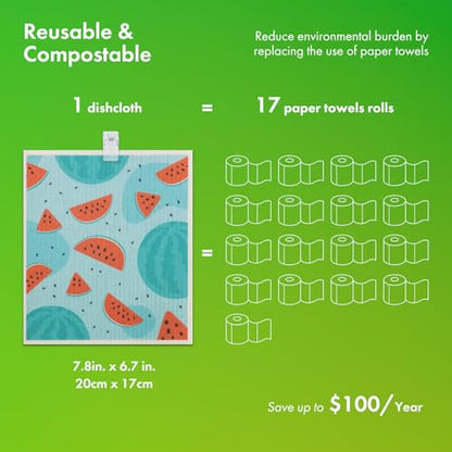 Swedish Dishcloths for Kitchen, 6 Pack Fruit Swedish Dish Towels with Clips, Reusable Paper Towels Washable Non-Scratch Super Absorbent Cellulose Sponge Cloths, Biodegradable No Odor - color: Fruit