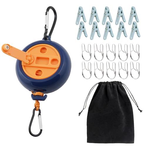 32Ft Portable Travel Clothesline is Also an Outdoor Camping Clothesline, Cruising Clothesline for Drying Clothes on Cruise Ships with 10 Windproof Clips, 10 Clothespins, 1 Storage Bag (Blue) - color: Blue